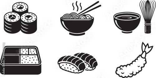 Japanese Food Icons: Sushi, Ramen, Tempura, Bento, and Matcha Whisk