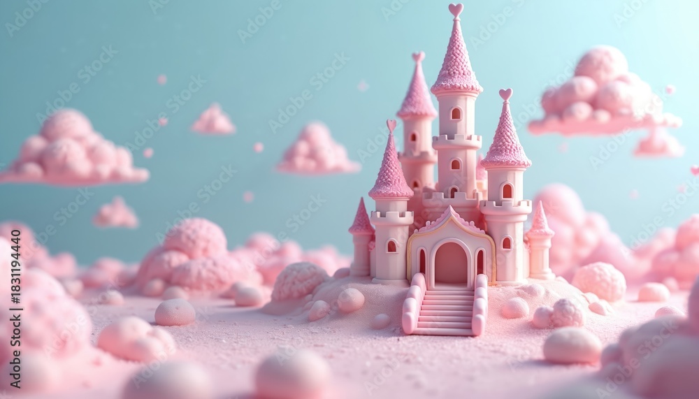 Fototapeta premium Pink fairytale castle rests on candy land with soft pink clouds floating in pastel blue sky. Whimsical fantasy architecture evokes sweet dreams and magical adventures.