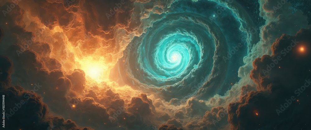 Obraz premium Surreal cosmic vortex with glowing light at center. Abstract nebula clouds swirl in deep space. Fiery orange meets cool blue hues. Stars twinkle in dark universe.