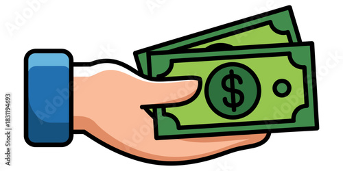 A hand holding two green dollar bills with a dollar sign displayed on the currency note