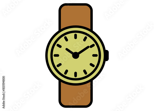 Illustration of a wrist watch with a brown strap and a yellow clock face design