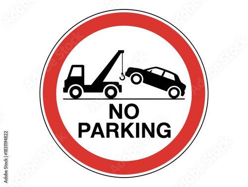 Illustration of a no parking sign with a tow truck and a car being towed away icon