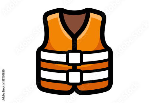 Illustration of an orange life vest with white straps and a brown neck lining design