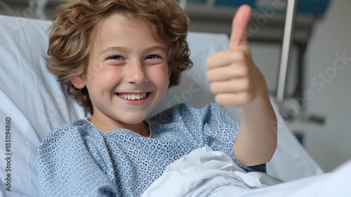 A young boy is smiling and giving a thumbs up while laying in a hospital bed. The boy is wearing a blue hospital gown and he is happy despite being in a hospital setting
