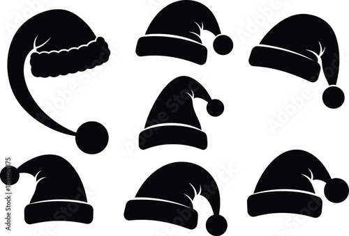 Santa Claus hat silhouette vector set. Collection of black isolated winter holiday caps with pom-poms for Christmas costume decoration and festive design.