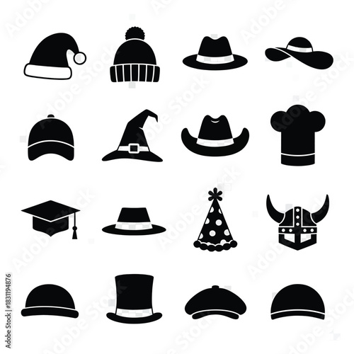 Hat and cap silhouette icon set. Black vector headwear collection including Santa, cowboy, witch, chef, graduation, and party hats for fashion design.