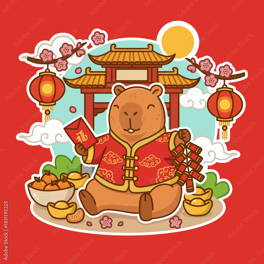 Fototapeta premium Festive Capybara Celebrating Lunar New Year with Red Envelope and Firecrackers