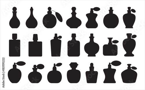 Collection of perfume bottles silhouettes isolated on white background