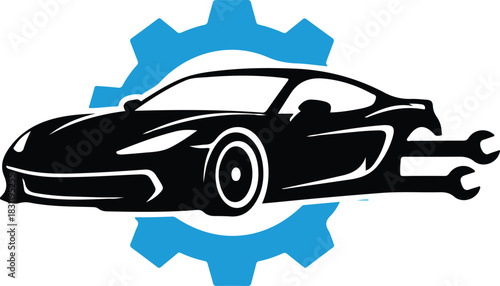Automotive repair service logo with sports car silhouette, blue gear, and wrenches. vehicle maintenance and diagnostic icon.