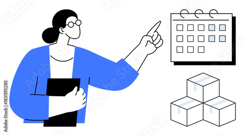 Woman holding a file, pointing at a calendar, with boxes indicating warehouse or inventory management. Ideal for organization, planning, logistics, scheduling, supply chain, time management business