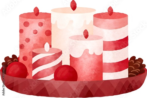 Festive candle centerpiece with red and white candles on tray  