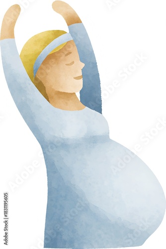 Pregnant woman stretching arms upward with a serene expression  
