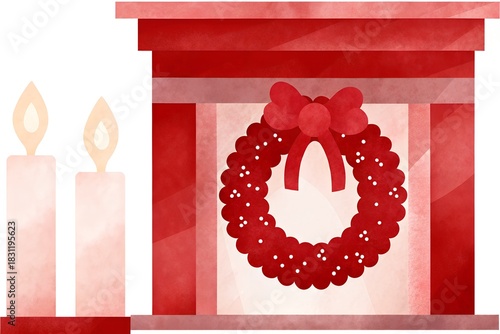 Christmas mantel with red wreath and lit candles in festive style  