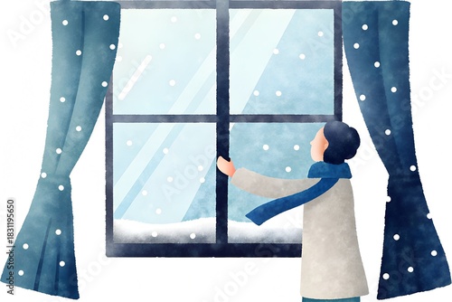 Woman closing a window against the snow, polka dot curtains, cold home atmosphere