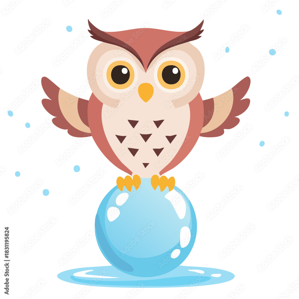 Fototapeta premium Cute Owl Sitting on Ice Ball – Winter Cozy Vector Illustration