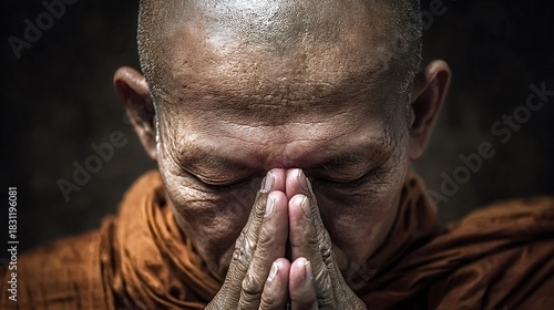 Buddhist monk in orange robe with eyes closed, hands folded in prayer, meditative portrait capturing serene devotion, inner peace and contemplative spiritual practice indoors