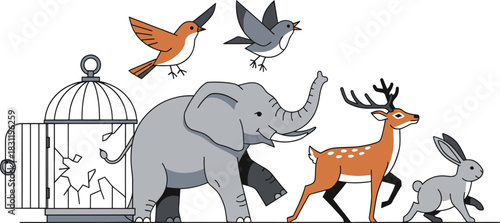 Diverse animals escaping bird cage to freedom, flat vector illustration for animal rights concept