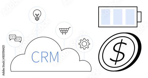 Cloud labeled CRM linked to icons for idea, efficiency, shopping, and communication. Battery showing energy and coin for revenue. Ideal for business, automation, software, sales productivity tech