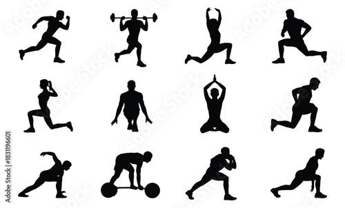 Dynamic fitness exercise silhouettes for active healthy living Vector