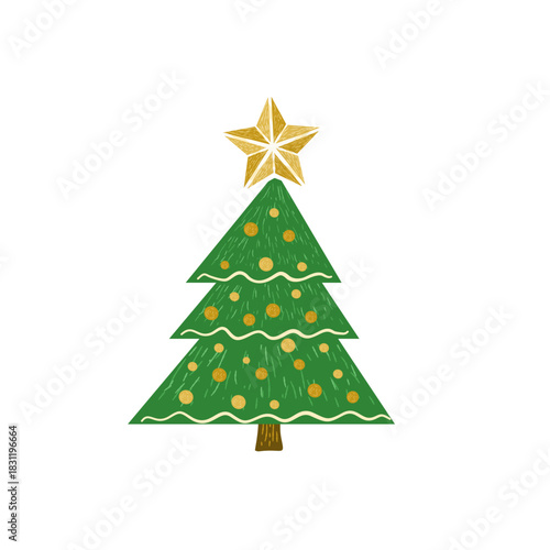 Christmas tree, festive decorated holiday fir with golden star and ornament balls, vector illustration