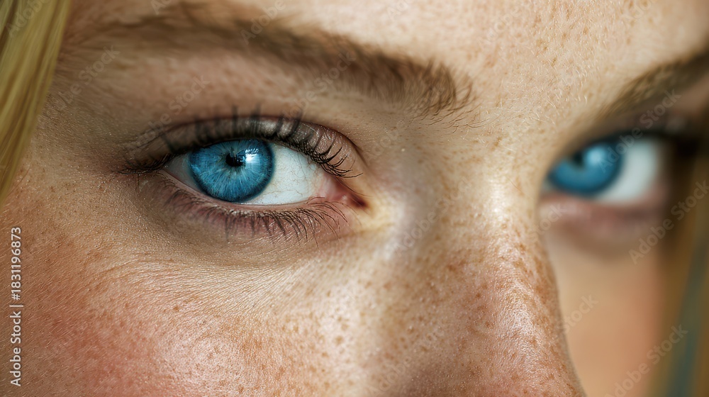 Obraz premium Intimate Portrait of a Woman with Striking Blue Eyes Gazing Directly at the Camera