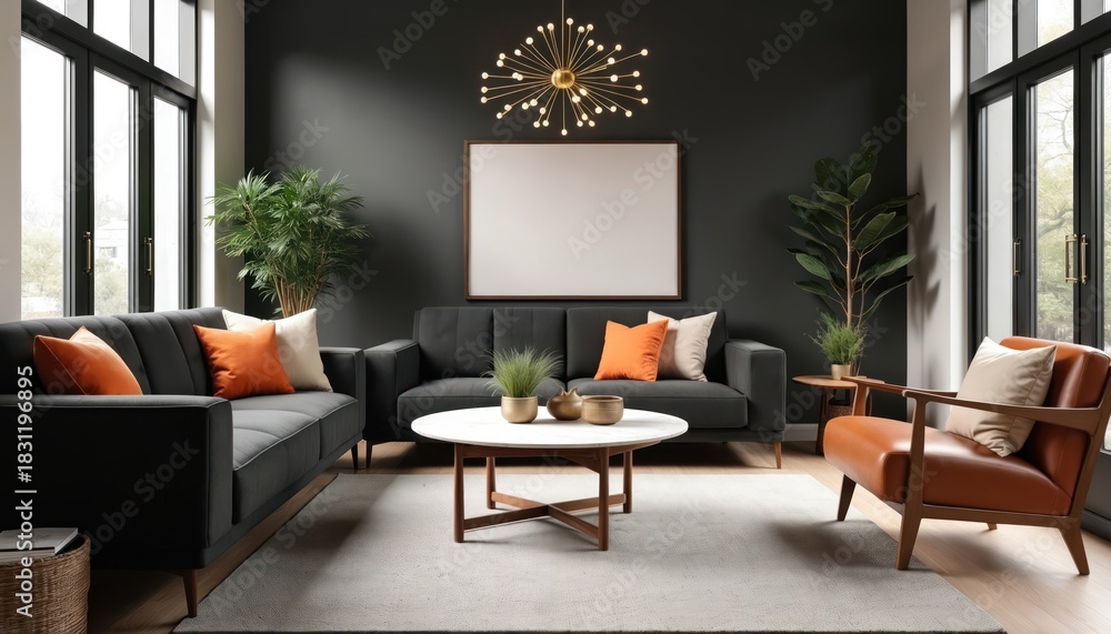 Fototapeta premium Modern living room with dark gray walls, black leather sofa, orange, white pillows. Wooden coffee table, brown leather armchair, plants, chandelier. Light wood floor, large windows with black frames.