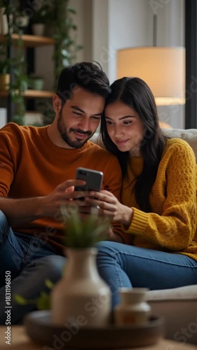 Couple sitting on a couch in a cozy living room, looking and smiling at a smartphone together, expressing love and happiness in a relaxed home environment.