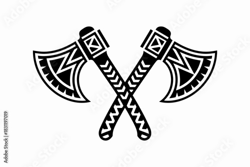 Silhouette vector illustration of two crossed Viking-style axes in EPS format, perfect for design projects, logos, branding, tattoo artwork, historical graphics, posters, and creative medieval-themed 