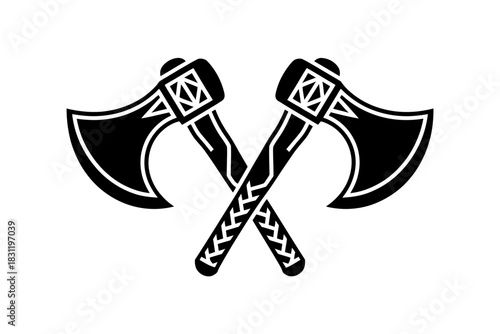Silhouette vector illustration of two crossed Viking-style axes in EPS format, perfect for design projects, logos, branding, tattoo artwork, historical graphics, posters, and creative medieval-themed 