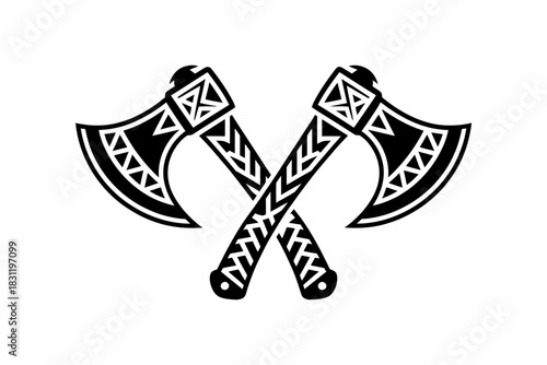 Silhouette vector illustration of two crossed Viking-style axes in EPS format, perfect for design projects, logos, branding, tattoo artwork, historical graphics, posters, and creative medieval-themed 