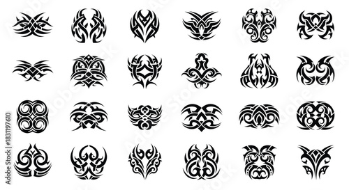 Vector Tribal Tattoo Designs, Abstract Tribal Patterns, Artistic Black Ink Symbols, Graphic Illustration, Isolated on White Background, Flat View