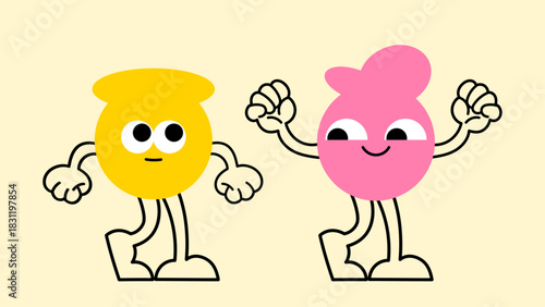 Colorful kawaii mascots in doodle style with bold eyes and quirky geometric sticker shapes.