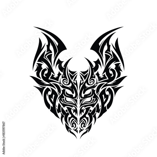 Vector tribal bat design, abstract animal illustration, black and white graphic art, studio environment, front viewpoint, detailed symmetrical concept