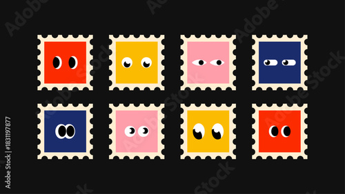 Doodle mascot characters with kawaii faces, playful eyes and modern geometric sticker vibes. cartoon style with square badge templates