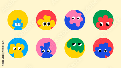 Kawaii doodle characters with emotional eyes, mascot charm and geometric sticker layouts. funny cartoon logos and round profile avatars with cute doodle mascots
