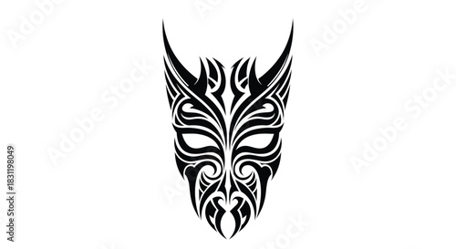 Tribal Mask Vector Art, Abstract Tattoo Design, Isolated on White Background, Graphic Illustration, Symmetrical Pattern, Digital Vector Artwork