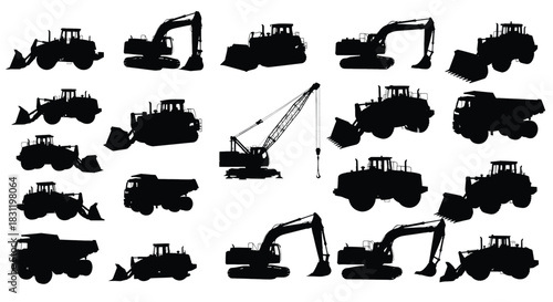 Vector silhouettes of construction vehicles and heavy machinery equipment set, industrial transport icons, black shapes isolated on white, graphic illustration