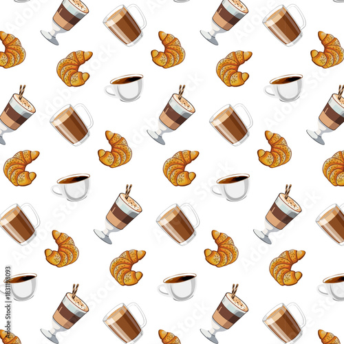 Appetizing croissants and cups with coffee drinks on a white background.Vector seamless pattern of croissants and cups with coffee drinks on a white background.