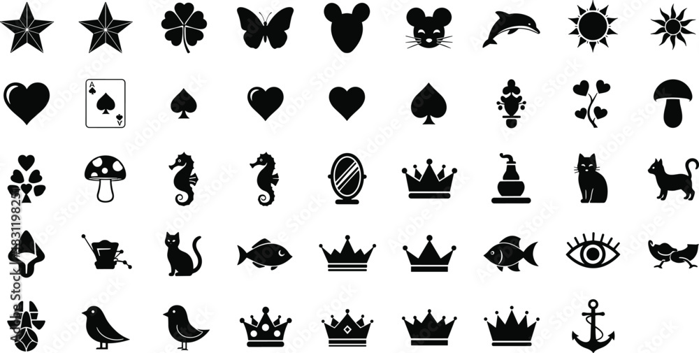 Naklejka premium Silhouette icon grid, black vector symbols, assorted shapes, animals, objects, decorative elements, graphic design set, minimal icons