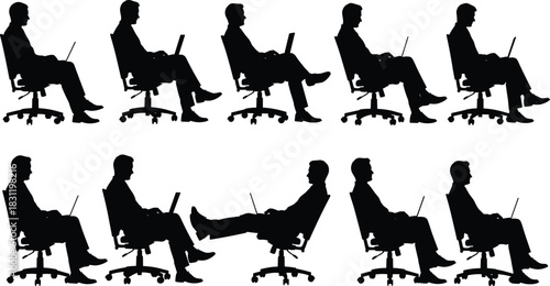 Office chair laptop poses, seated silhouette set, ergonomic posture icons, black vector, workplace comfort, productivity illustration