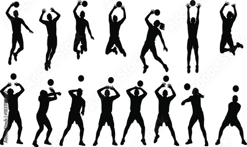 Volleyball silhouette set, dynamic player poses, black vector icons, jump spike block serve, athletic motion, sport illustration
