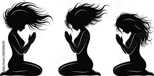 Meditation silhouette set, kneeling prayer pose, spiritual woman icon, peaceful gesture, black vector, introspection, calm design