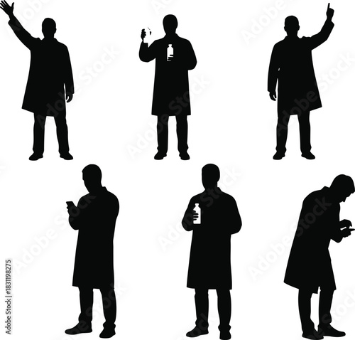 Scientist silhouette set, lab coat poses, black vector icons, medical professional gestures, research activity, healthcare worker illustration