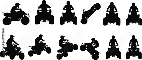 Silhouettes of ATV riders performing stunts, off-road quad bike action, extreme motorsport poses, dynamic adventure silhouettes for outdoor recreation themes