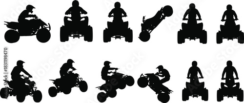 Silhouettes of ATV riders performing jumps, quad bike stunts, extreme off-road action poses, motorsport adventure silhouettes for outdoor sports themes