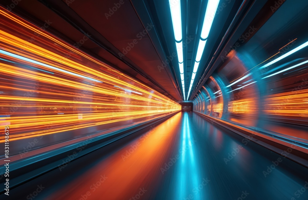 Fototapeta premium Futuristic tunnel with glowing orange, blue light trails. High speed creates motion blur effect in empty underground corridor. Abstract concept for digital data transfer network technology,