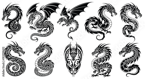 Vector tribal dragon tattoo designs, mythical creatures, fantasy art, detailed black ink illustrations, digital graphic set, isolated on white background