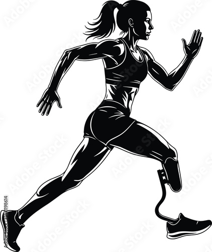 Female athlete silhouette with prosthetic blade, running motion, disability inclusion, sports strength, black icon, dynamic pose, empowerment
