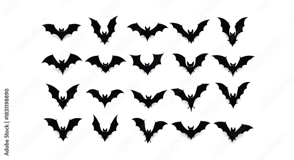 Fototapeta premium Flying bat silhouettes vector set, Halloween-themed creatures in black, isolated on white background, graphic design elements, flat vector art collection