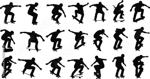 Skateboarder silhouette icon set, black vector trick poses, jump balance stunt motion, extreme sport illustration, athletic design